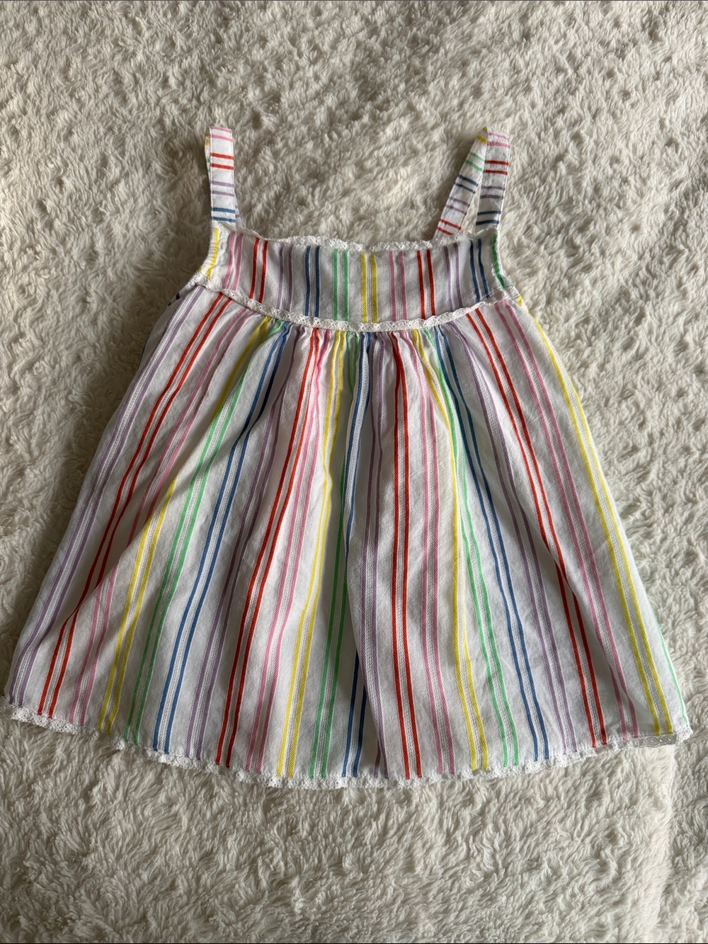 Mini Boden girls size 7-8 white rainbow striped sleeveless shirt lace trim